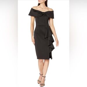 Xscape Off-The-Shoulder Bow Short Scuba with Ruffle